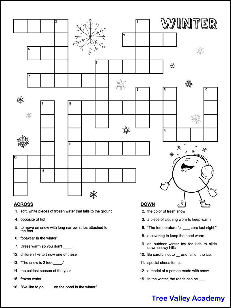 printable winter crossword puzzles for kids - tree valley academy